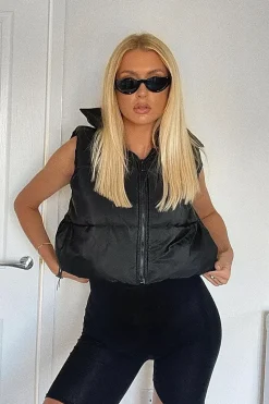 Rebellious Fashion Black Cropped Hooded Puffer Gilet - Chani