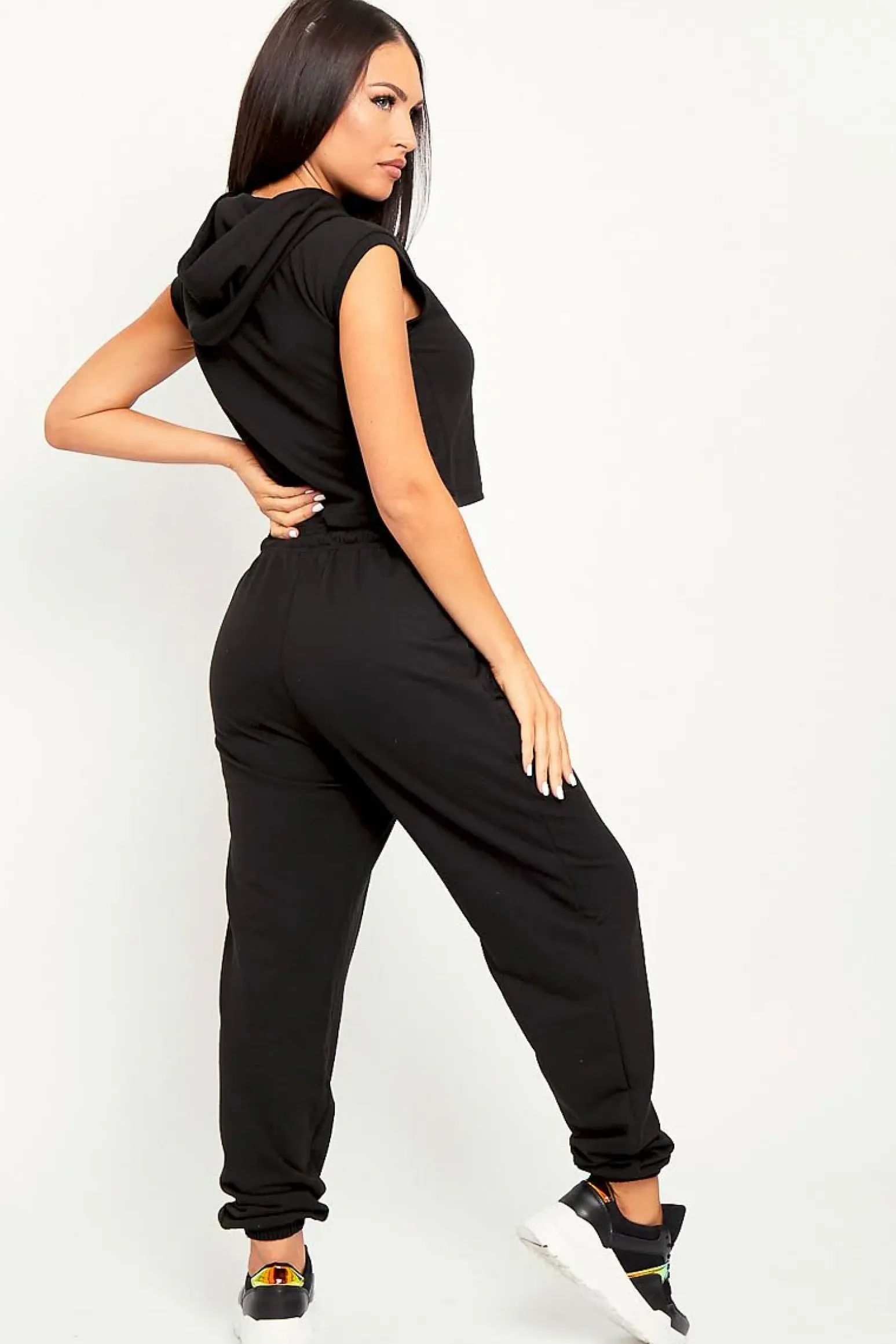 Rebellious Fashion Black Cropped Hoodie Joggers Loungewear Co-ord - Kylie