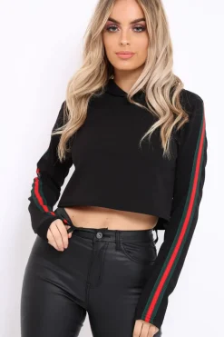 Rebellious Fashion Black Cropped Hoodie with Striped Trim - Essie