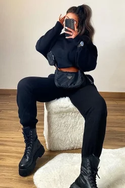 Rebellious Fashion Black Cropped Oversized Hoodie and Joggers Co-ord - Karenza