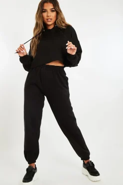 Rebellious Fashion Black Cropped Oversized Hoodie and Joggers Co-ord - Karenza