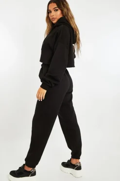 Rebellious Fashion Black Cropped Oversized Hoodie and Joggers Co-ord - Karenza