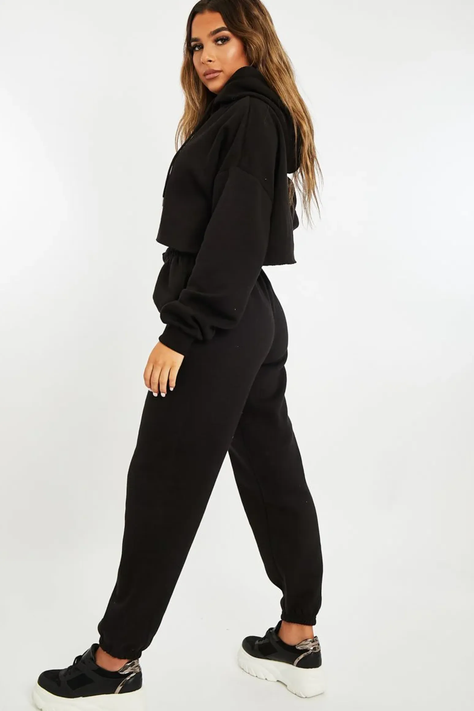 Rebellious Fashion Black Cropped Oversized Hoodie and Joggers Co-ord - Karenza