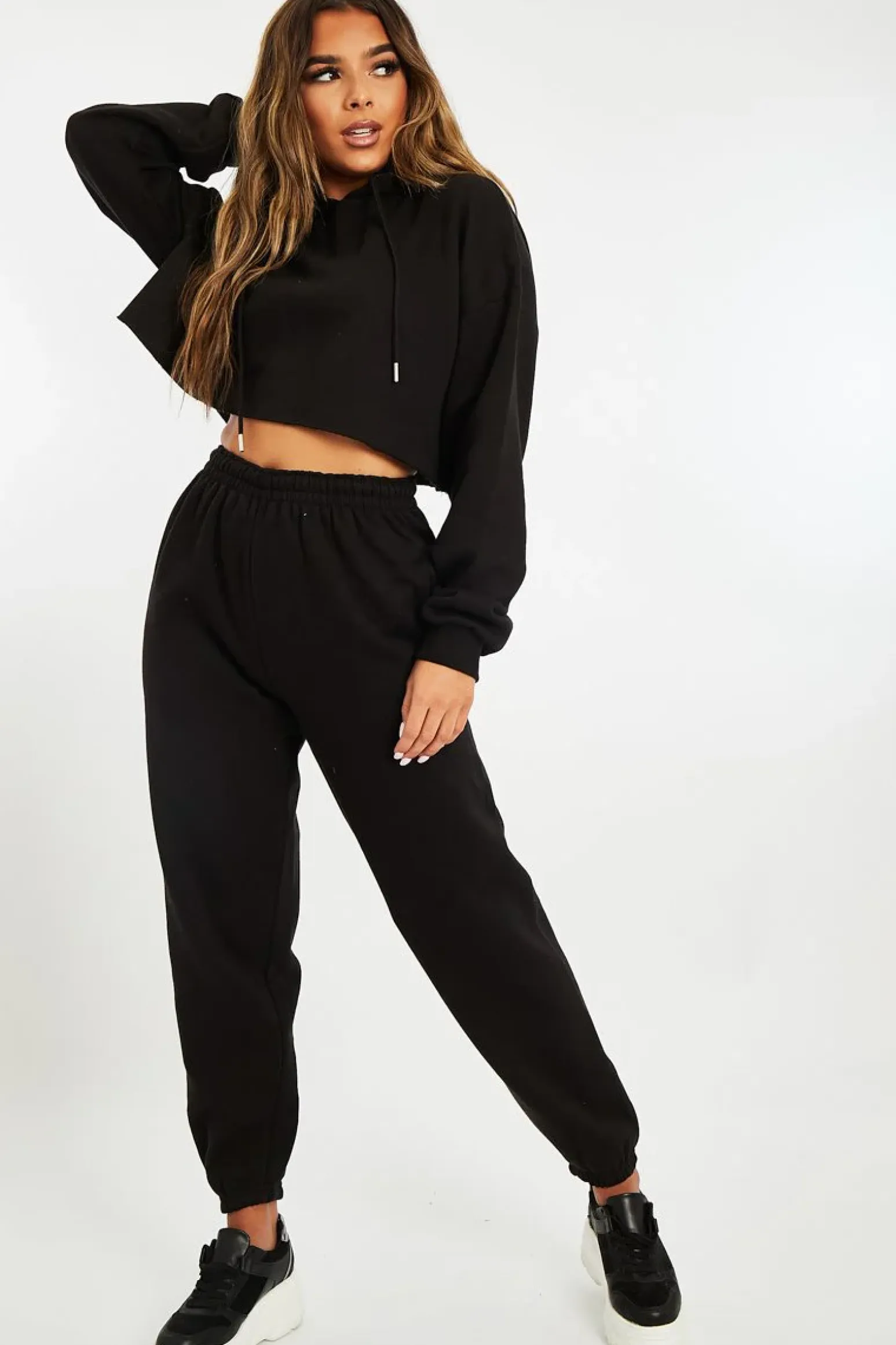 Rebellious Fashion Black Cropped Oversized Hoodie and Joggers Co-ord - Karenza