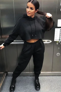 Rebellious Fashion Black Cropped Oversized Hoodie and Joggers Co-ord - Karenza