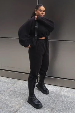 Rebellious Fashion Black Cropped Oversized Hoodie and Joggers Co-ord - Karenza