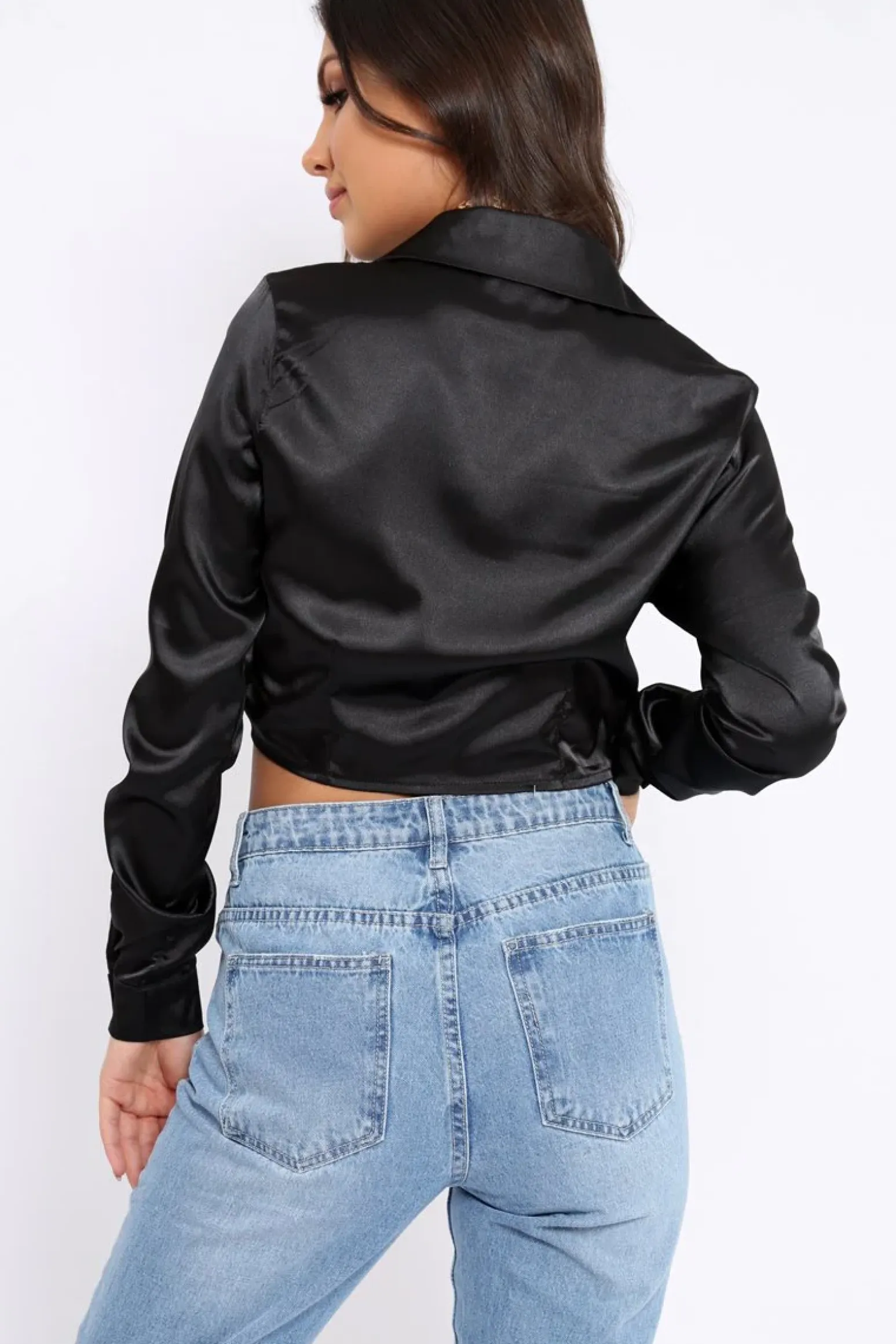 Rebellious Fashion Black Cropped Satin Shirt - Yasina