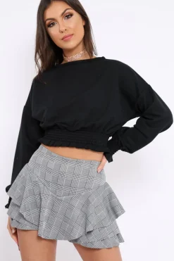 Rebellious Fashion Black Cropped Sweatshirt with Shirred Elasticated Hems - Lillie