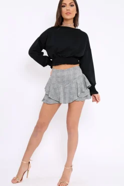 Rebellious Fashion Black Cropped Sweatshirt with Shirred Elasticated Hems - Lillie