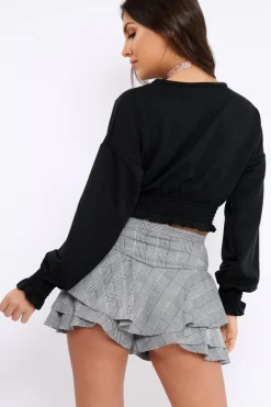 Rebellious Fashion Black Cropped Sweatshirt with Shirred Elasticated Hems - Lillie