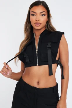 Rebellious Fashion Black Cropped Utility Vest - Reba