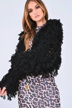 Rebellious Fashion Black Crop Shaggy Jacket - Idelle