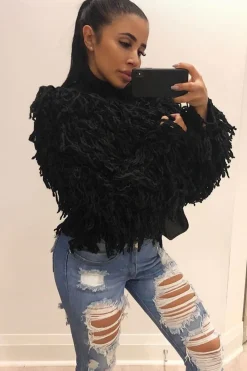 Rebellious Fashion Black Crop Shaggy Jacket - Idelle