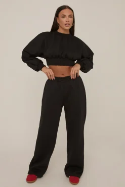 Rebellious Fashion Black Crop Sweater and Wide Leg Jogger Set - Enya