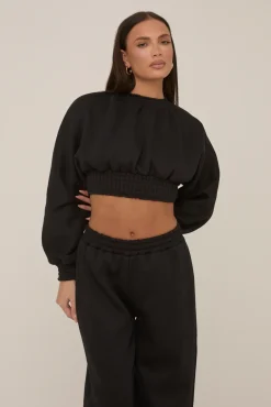 Rebellious Fashion Black Crop Sweater and Wide Leg Jogger Set - Enya