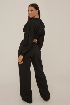 Rebellious Fashion Black Crop Sweater and Wide Leg Jogger Set - Enya
