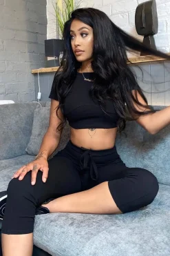 Rebellious Fashion Black Crop Top and Cropped Leggings Loungewear Co-ord - Zarah