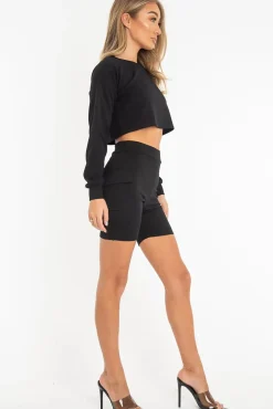Rebellious Fashion Black Crop Top And Shorts Co-ord Set - Fina