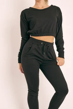 Rebellious Fashion Black Crop Top and Slim Jogger Loungewear Co-ord Set - Suzy
