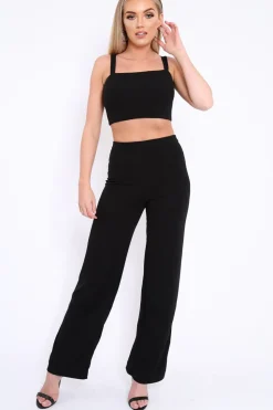 Rebellious Fashion Black Crop Top and Trousers Co-ord Set - Kimmy
