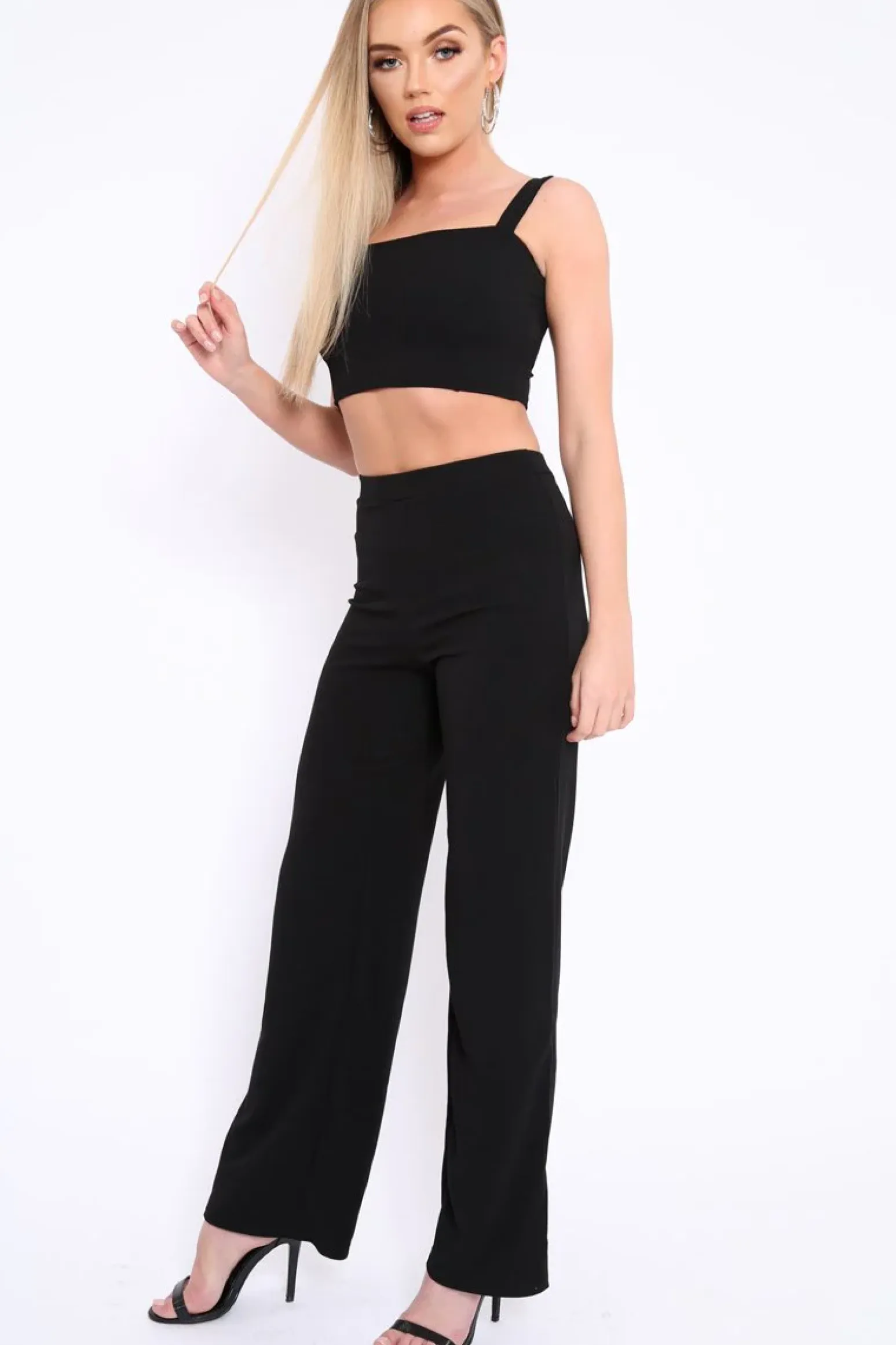 Rebellious Fashion Black Crop Top and Trousers Co-ord Set - Kimmy