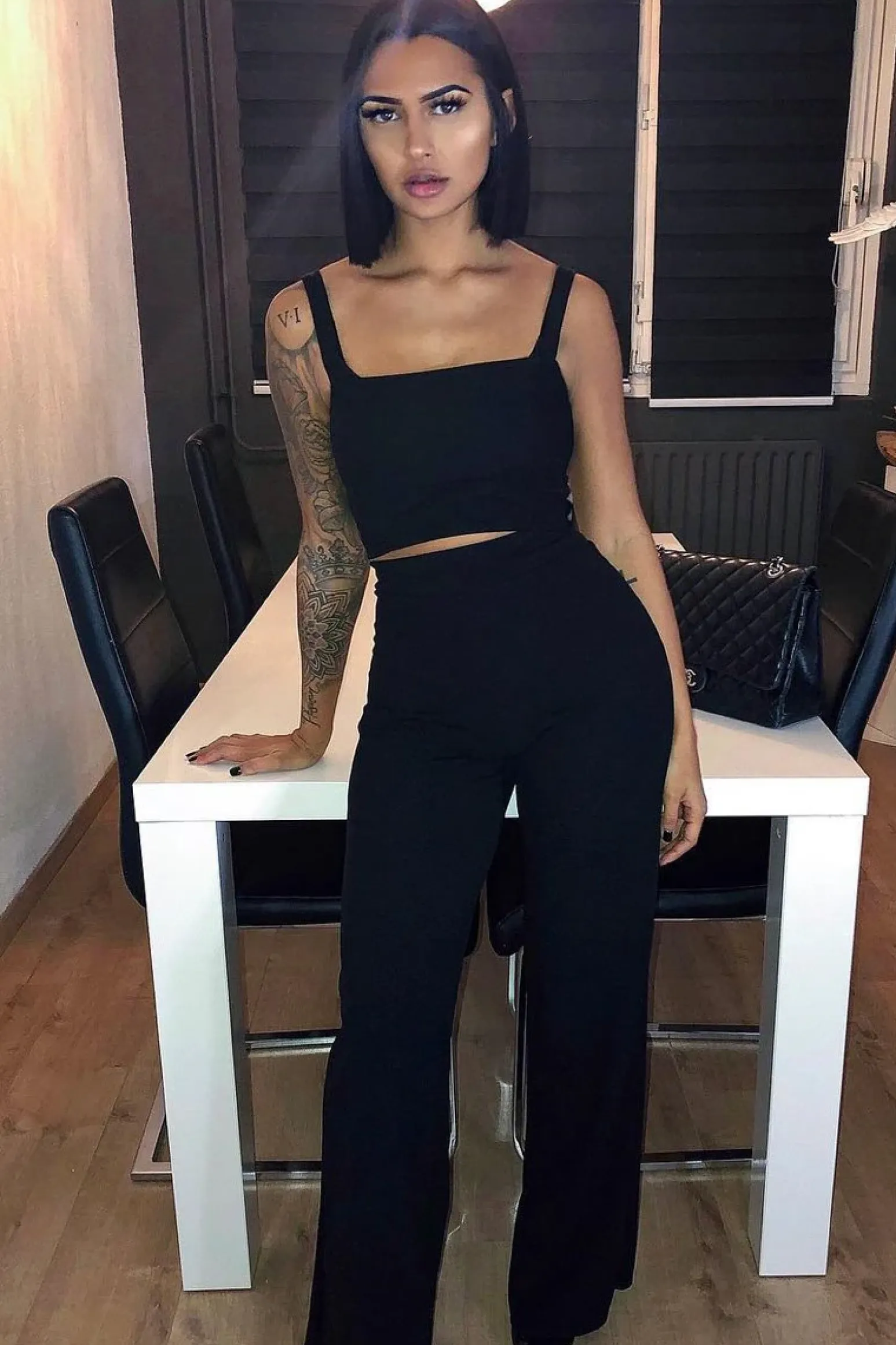 Rebellious Fashion Black Crop Top and Trousers Co-ord Set - Kimmy