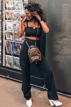 Rebellious Fashion Black Crop Top and Trousers Co-ord Set - Kimmy