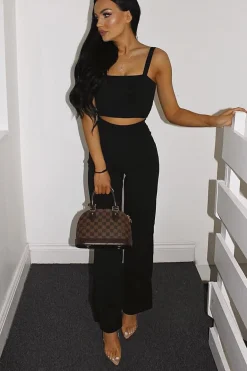 Rebellious Fashion Black Crop Top and Trousers Co-ord Set - Kimmy