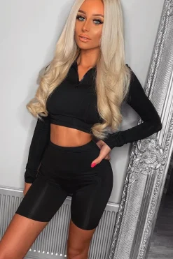 Rebellious Fashion Black Crop Top Cycling Shorts Co-Ord - Cleo