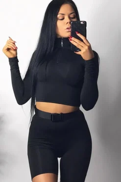 Rebellious Fashion Black Crop Top Cycling Shorts Co-Ord - Cleo