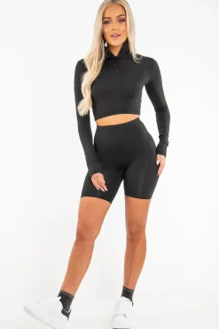 Rebellious Fashion Black Crop Top Cycling Shorts Co-Ord - Cleo