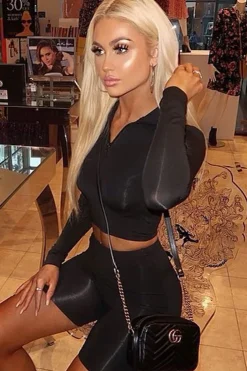 Rebellious Fashion Black Crop Top Cycling Shorts Co-Ord - Cleo