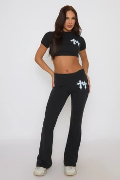 Rebellious Fashion Black Cross Cropped Tshirt and Flare Co-ord Set - Sharleen