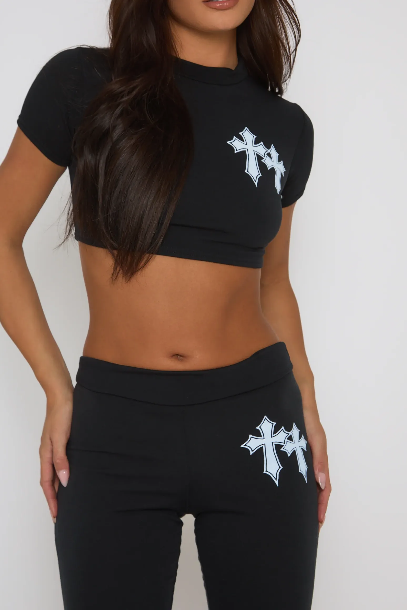 Rebellious Fashion Black Cross Cropped Tshirt and Flare Co-ord Set - Sharleen