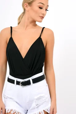 Rebellious Fashion Black Cross Front Bodysuit - Tarren