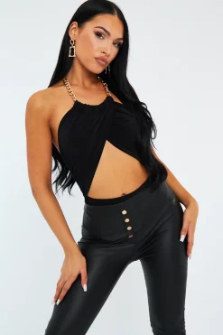 Rebellious Fashion Black Crossover Chain Halterneck Bodysuit - Mariel