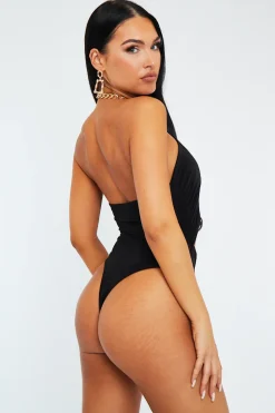 Rebellious Fashion Black Crossover Chain Halterneck Bodysuit - Mariel
