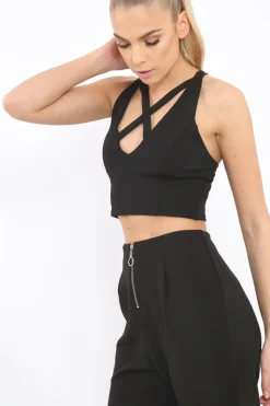 Rebellious Fashion Black Cross Over Crop Top - Kennie