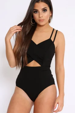 Rebellious Fashion Black Cross Over Cut Out Bodysuit - Safia
