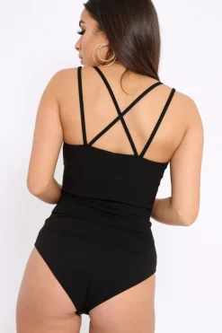 Rebellious Fashion Black Cross Over Cut Out Bodysuit - Safia