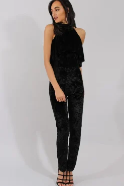 Rebellious Fashion Black Crushed Velvet Frill Choker Jumpsuit - Blaire