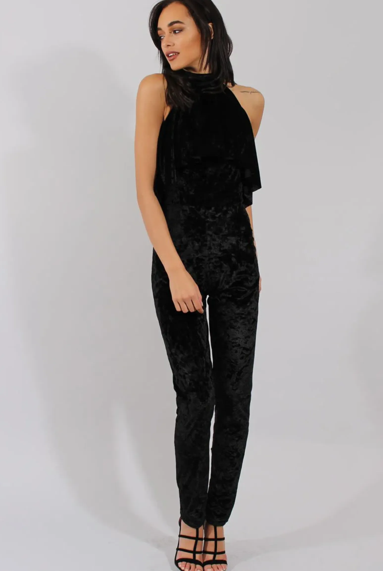 Rebellious Fashion Black Crushed Velvet Frill Choker Jumpsuit - Blaire