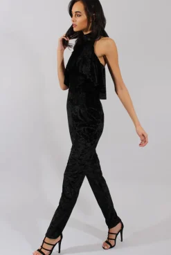 Rebellious Fashion Black Crushed Velvet Frill Choker Jumpsuit - Blaire