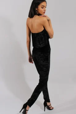 Rebellious Fashion Black Crushed Velvet Frill Choker Jumpsuit - Blaire