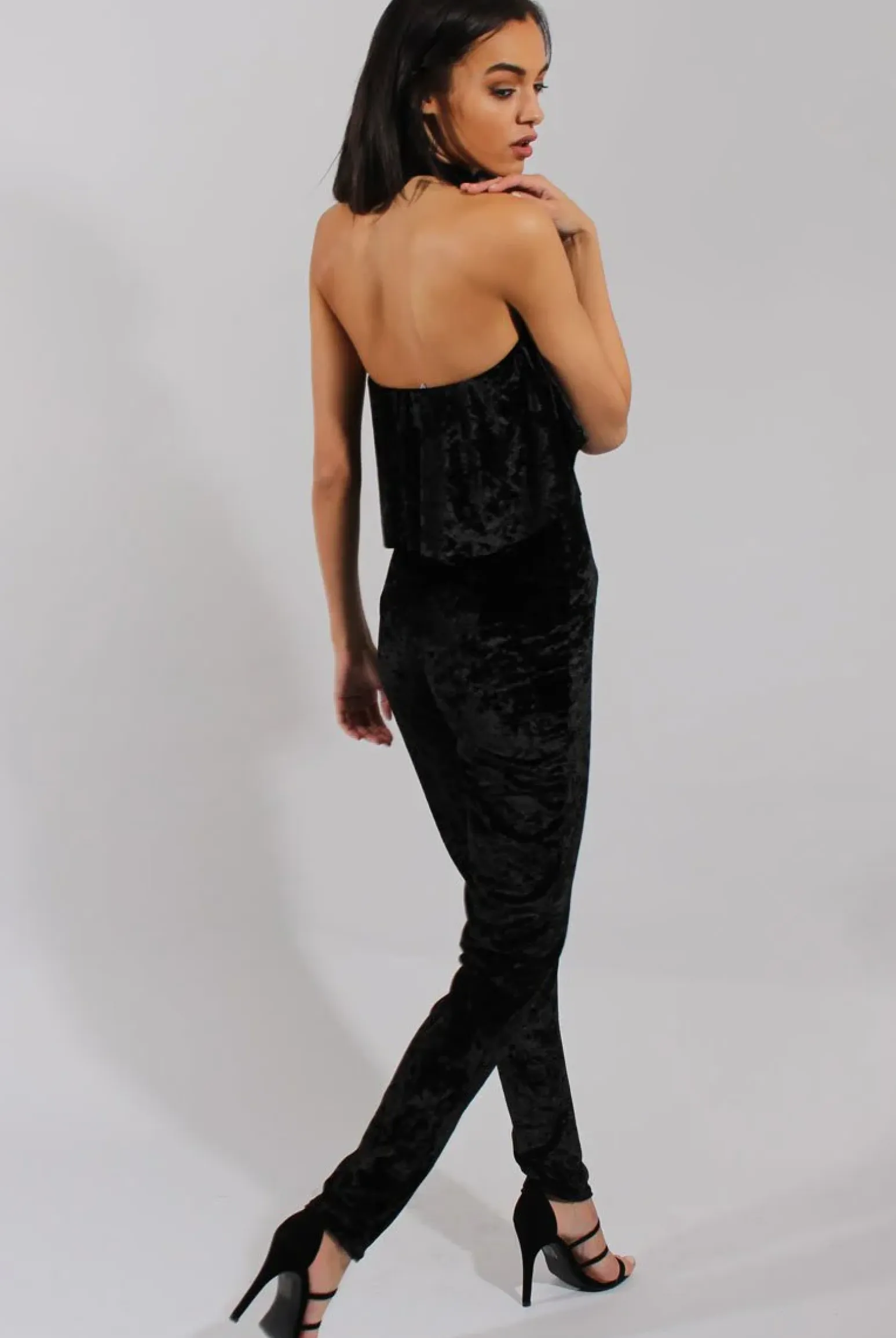 Rebellious Fashion Black Crushed Velvet Frill Choker Jumpsuit - Blaire