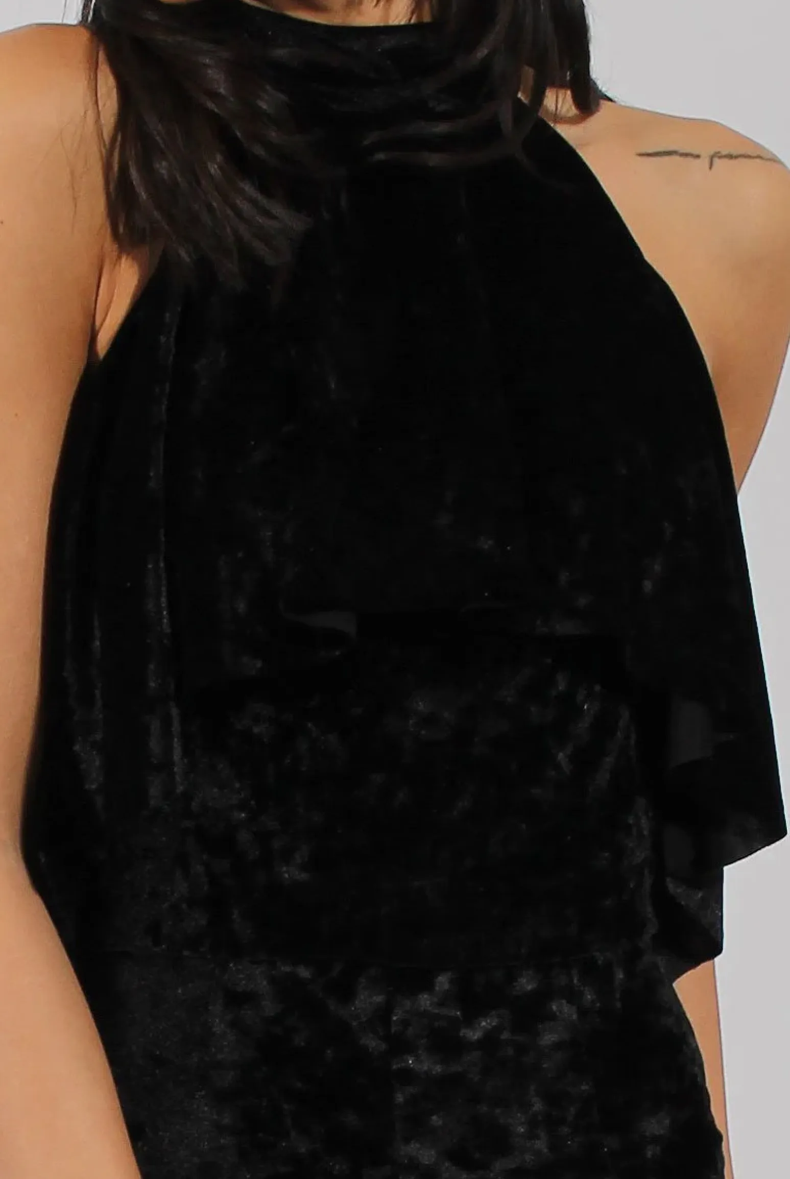 Rebellious Fashion Black Crushed Velvet Frill Choker Jumpsuit - Blaire