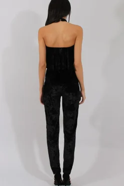 Rebellious Fashion Black Crushed Velvet Frill Choker Jumpsuit - Blaire