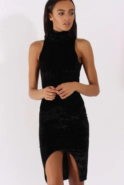Rebellious Fashion Black Crushed Velvet Front Split Turtleneck Dress - Erin
