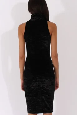 Rebellious Fashion Black Crushed Velvet Front Split Turtleneck Dress - Erin