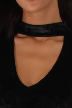 Rebellious Fashion Black Crushed Velvet High Neck Cut Out Bodysuit - Asumi
